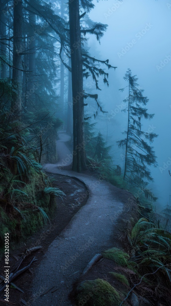 Poster a path through the woods with fog and trees on both sides. ai.