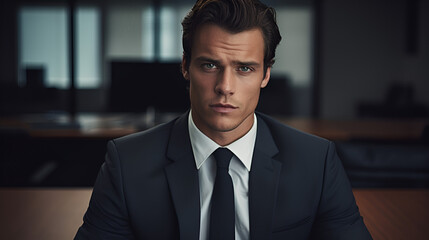Fototapeta premium operational A handsome man with brown hair and hazel eyes wearing a suit