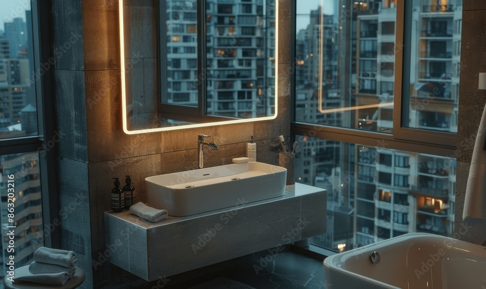 Canvas Prints A bathroom with a large window overlooking the cityscape. AI.