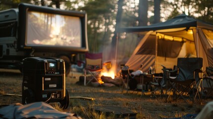 Fototapeta premium Outdoor Movie Night at Campsite with Gasoline Generator Powering Projector and Screen