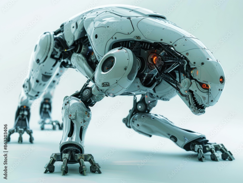 Poster a robot with a red eye and claws on its back. ai.