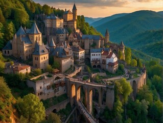 Obraz premium A village sits on top of a hill surrounded by trees. AI.