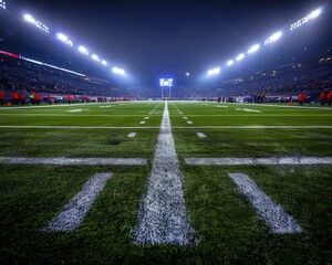 A football field lit up at night with a lot of people watching. AI.