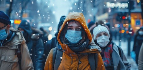 Obraz premium A woman wearing a yellow coat and a mask is walking down a snowy street. She is surrounded by other people who are also wearing masks