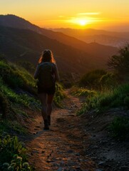 Fototapeta premium A woman with a backpack hiking up the side of a mountain. AI.