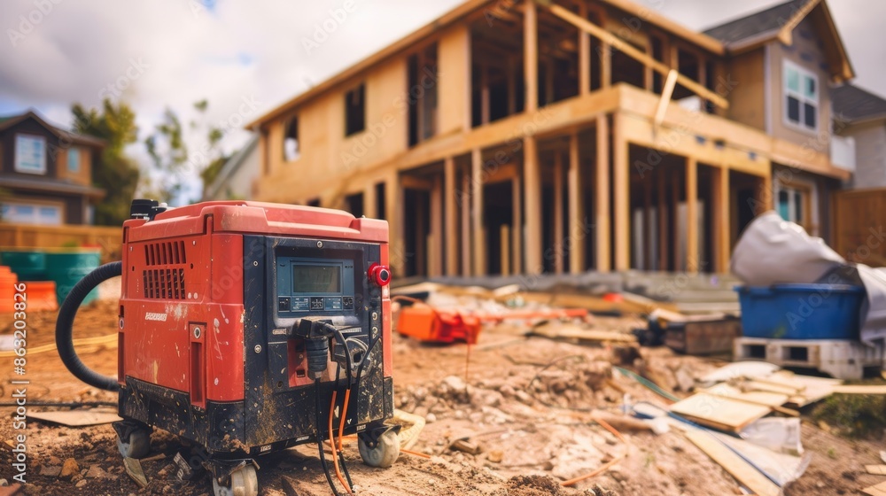 Poster gasoline generator powering construction site with partially built house and tools