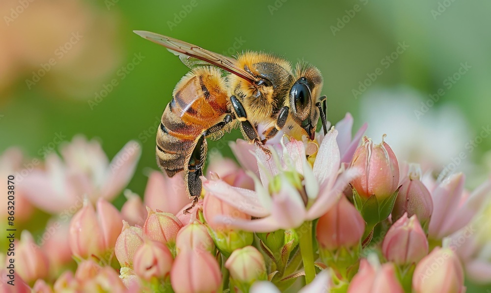 Wall mural A bee on a pink flower with green leaves and flowers. AI.