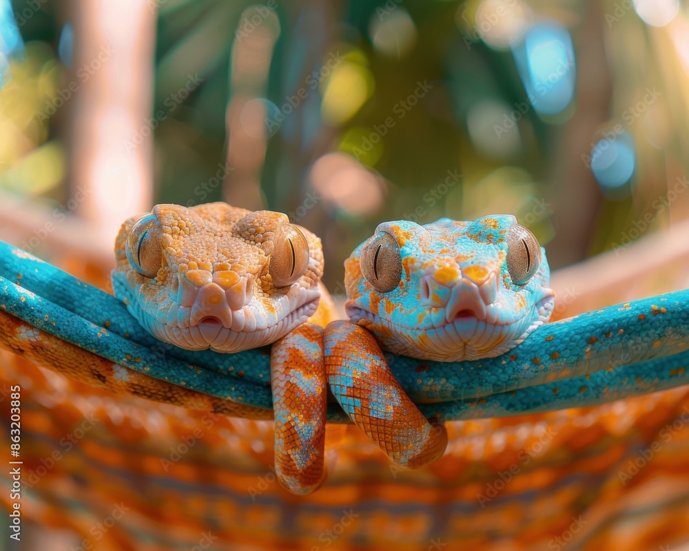 Poster two geckos are sitting on a blue and green hammock. ai.