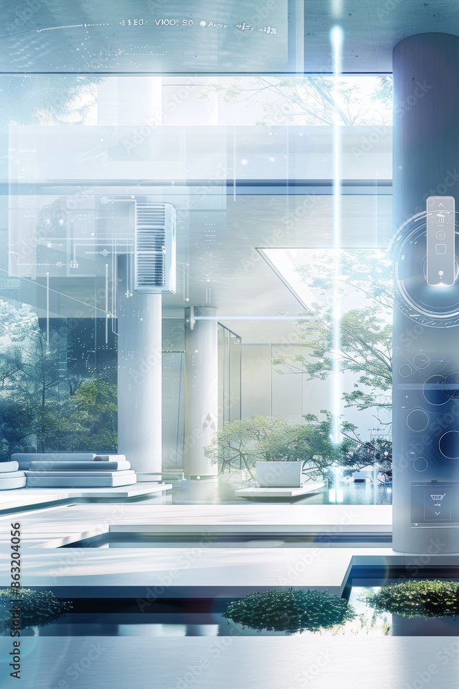 Poster futuristic smart home with integrated air conditioning system controlled via mobile app