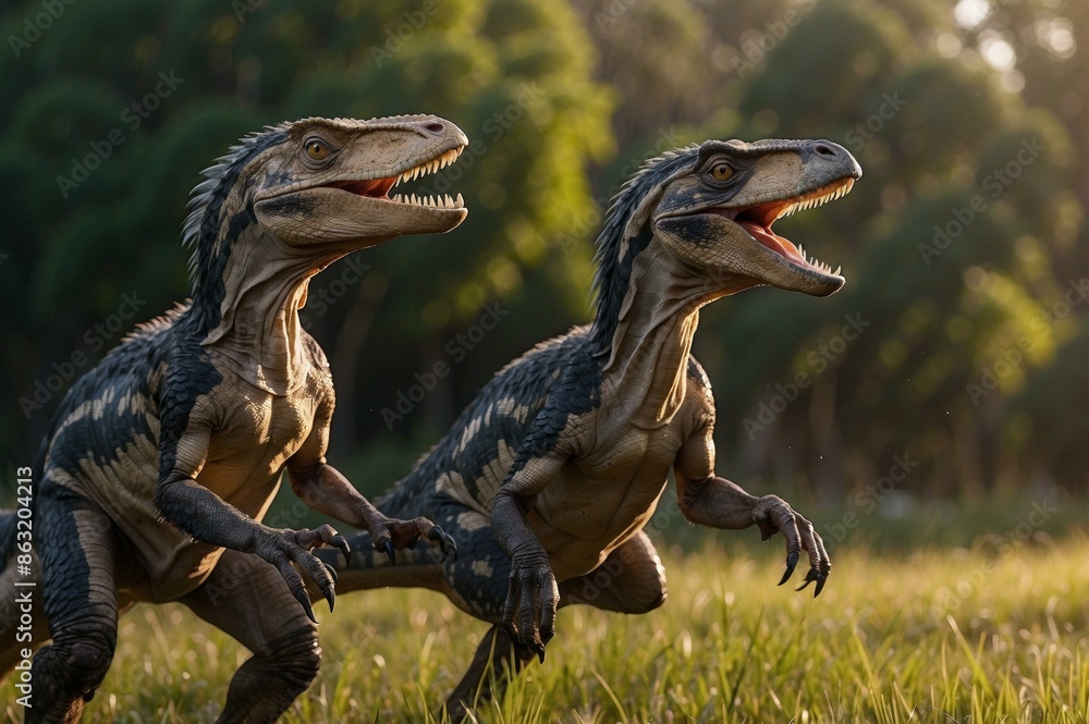 Poster two dinosaurs are walking in a field with grass and trees. ai.