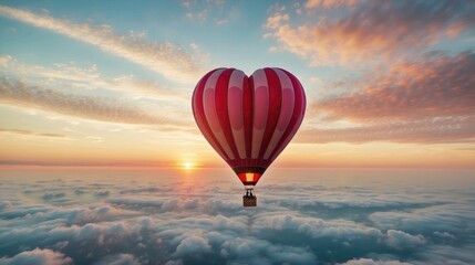 Obraz premium A hot air balloon flying over the clouds with a heart shaped pattern. AI.