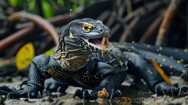 An adult mangrove monitor (varanus indicus), eating a centipede in wayag bay