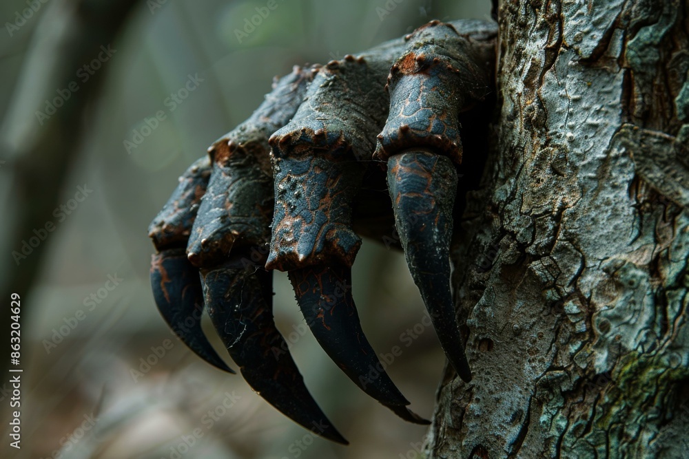 Poster a close up of a claw on the side of a tree. ai.