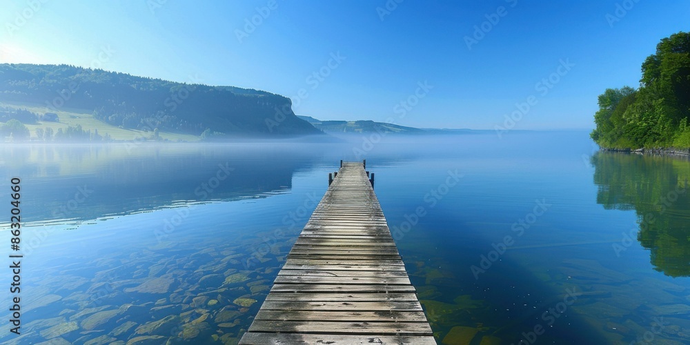 Wall mural A long wooden pier in the middle of a lake with mist. AI.