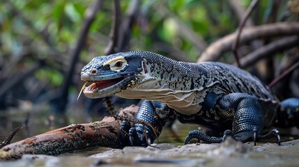An adult mangrove monitor (varanus indicus), eating a centipede in wayag bay