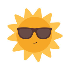 Sun in dark sunglasses with a smirk. Yellow sun with smiling face. Summer season, beach vacation. Vector flat illustration isolated on white background