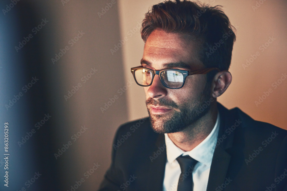 Poster Man, eyewear and reflection of computer at night in office, cybersecurity and nerd for pc system. Male person, software development and planning on website in dark, programmer and online for project
