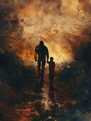 Fototapeta premium Man and Child Walking Down Road