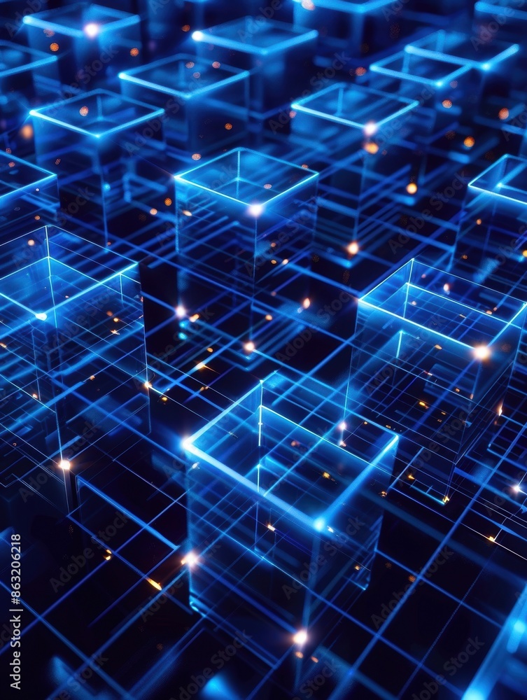 Aufkleber abstract neon blue grid design. featuring a network of glowing cubes and lines, creating a futuristi
