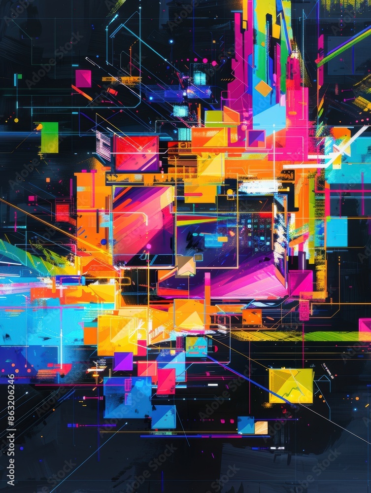 Poster colorful abstract geometric art. featuring bright shapes and lines, creating a dynamic and modern vi