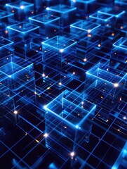 Obraz premium Abstract Neon Blue Grid Design. Featuring a Network of Glowing Cubes and Lines, Creating a Futuristic and High-Tech Visual Aesthetic.