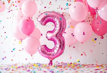 A festive celebration of the third birthday with balloons and confetti in pink pastel tones, an inflatable balloon with the number 3 on a white background.