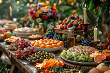 Outdoor Rustic Table Setting With Fresh Fruit, Bread, And Candles