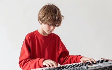 A photograph of a boy playing an electric keyboard against a minimalist white background