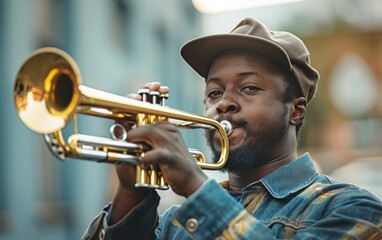 Obraz premium An Afro-american Street Musician Plays Trumpet in a City Setting During the Day