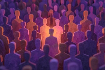 Obraz premium Unique Individual Standing Out in a Crowd of Purple Silhouettes, Symbolizing Leadership, Uniqueness, and Differentiation