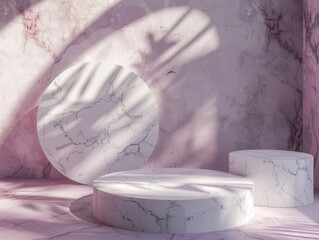 Pink wall in room with white marble table