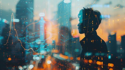 This silhouette of a businessman shows an urban landscape and financial graphs, showing how business growth and urban development interact