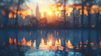 The city skyline at sunset close up, focusing on, copying it, bright hues, double exposure silhouette with skyscrapers