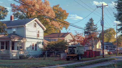 Evening Neighborhood Block with Gasoline Generator Providing Emergency Power During Extended Outage