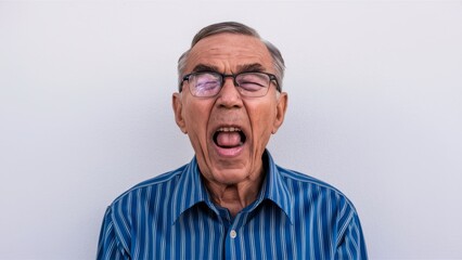 Obraz premium An older man with glasses and a blue shirt is making an expression, AI