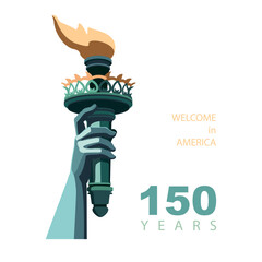 Hand with torch of statue of liberty, New York symbol, banner, advertisement. Statue of Liberty monument. Welcome to America on the 4th of July. Green design, magazine. USA holiday.Vector illustration © VASYL