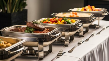 A buffet of food in metal trays on a table with forks and knives, AI