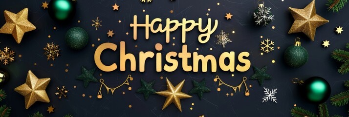 Festive Happy Christmas Banner with Gold Decorations and Green Ornaments on Dark Background