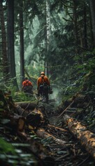 Professional Logging Team at Work in Dense Forest Using Chainsaws for Efficient Tree Felling and Logging