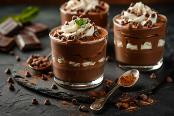 Layered chocolate mousse in glass cups with spoons, black background