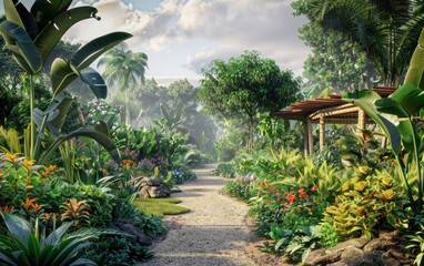 Naklejka premium A lush, holistic garden integrating biodynamic farming and renewable energy