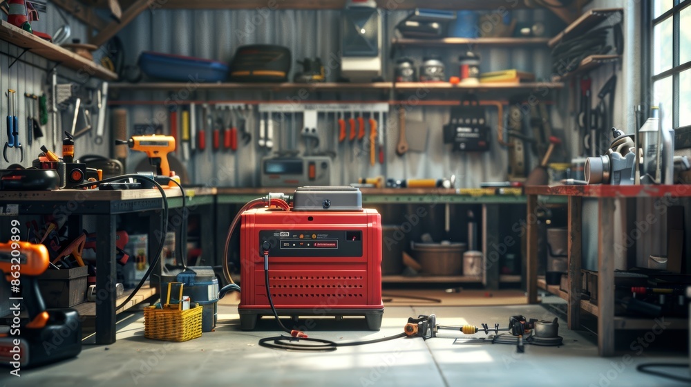 Poster compact red gasoline generator in well-organized workshop for efficient power solutions