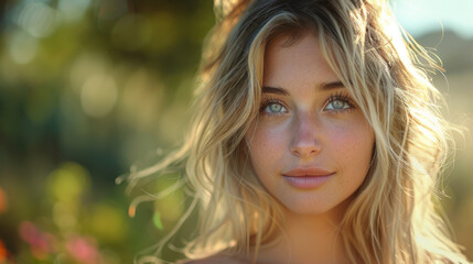 Naklejka premium Outdoor summer portrait of young pretty cute blonde girl. Beautiful woman posing in spring