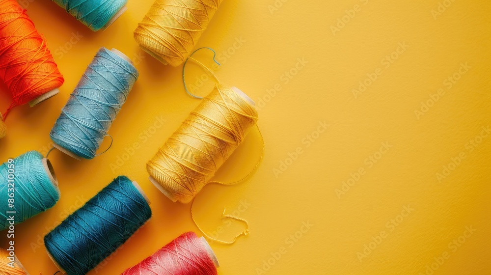 Poster colorful thread on yellow backdrop viewed from above ample space for text