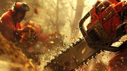 High-Energy Lumberjack Chainsaw Competition with Sawdust Flying in Sunlight