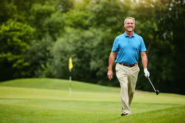 Mature man, sports and happy at golf course with hobby or activity for retirement and fun....
