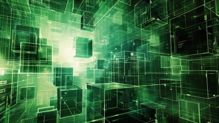 Fototapeta premium Abstract Green Digital Blockchain Technology Background with 3D Cubes and Grid Lines