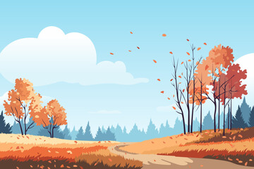 Road in the autumn forest. Landscape of an autumn park or forest with beautiful trees, flying leaves, road, grass against the background of the sky and clouds. Autumn season. Nature vector illustratio