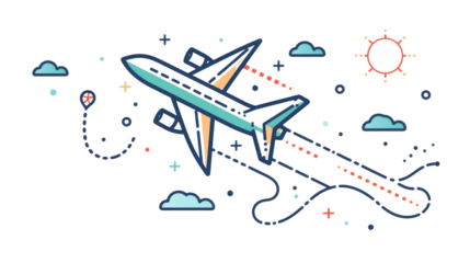 Airplane line path vector icon of air plane flight route on transparent background