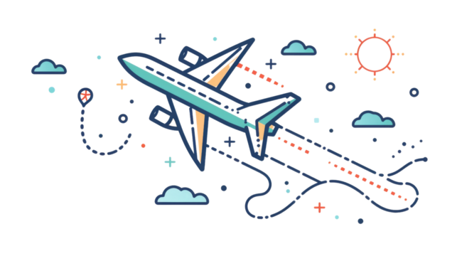 Airplane line path vector icon of air plane flight route on transparent background